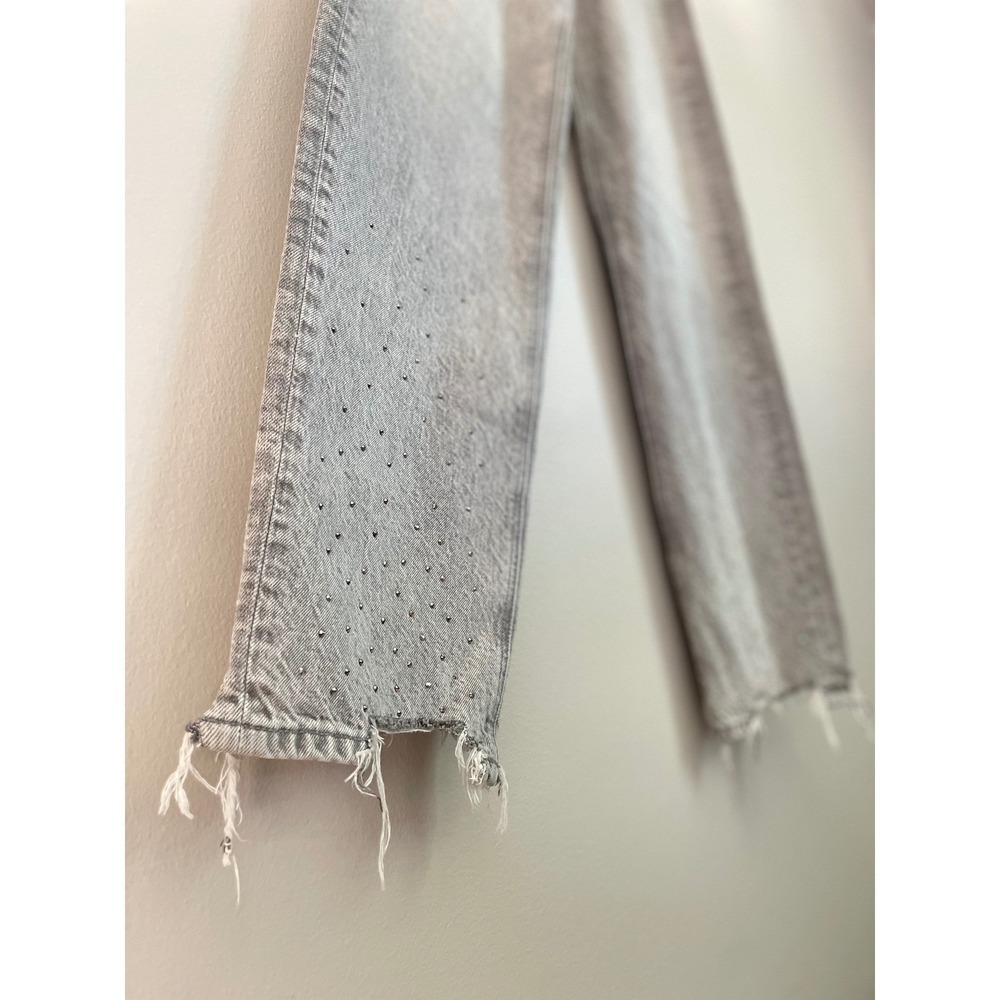 AE Rhinestoned Super High-Waist Baggy-Straight Glacier Gray Raw Hem Strigid Jean - Picture 6 of 16